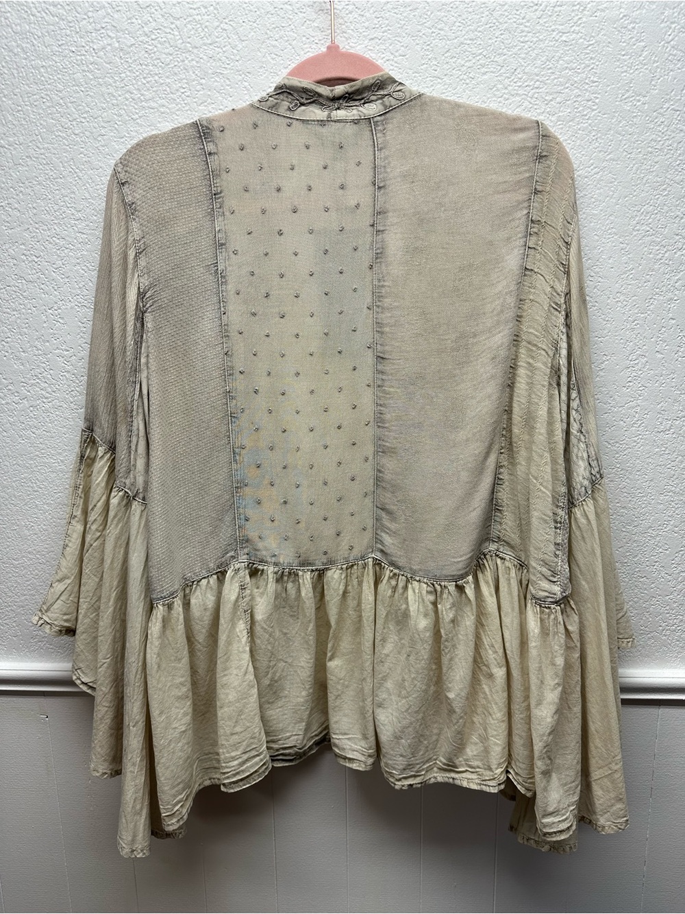 K167 Young Threads Boho Patchwork Shrug/Kimono Flared Sleeves Taupe/Latte’ NWT - Picture 8 of 12